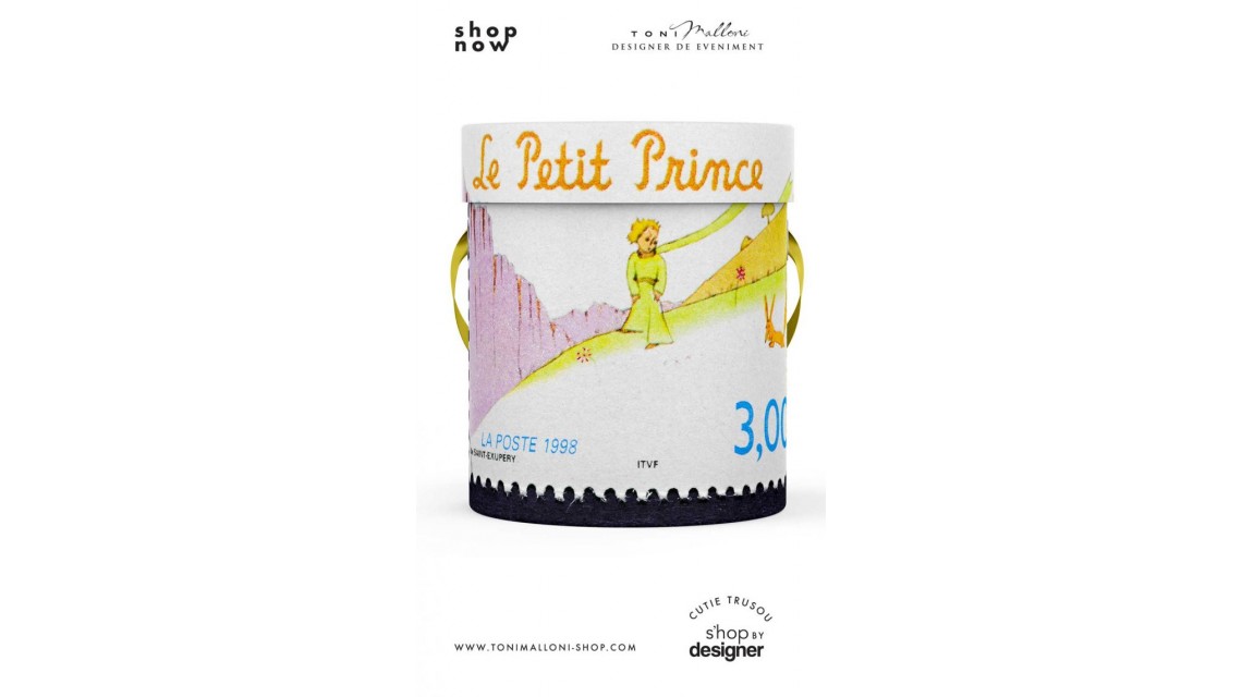 Cutie rotunda personalizata din mucava pentru trusou botez baieti Le petit Prince 1